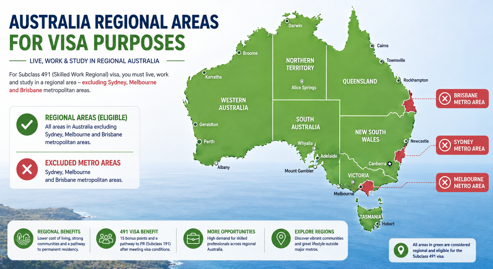 Map of designated regional areas for Australia Subclass 491 visa